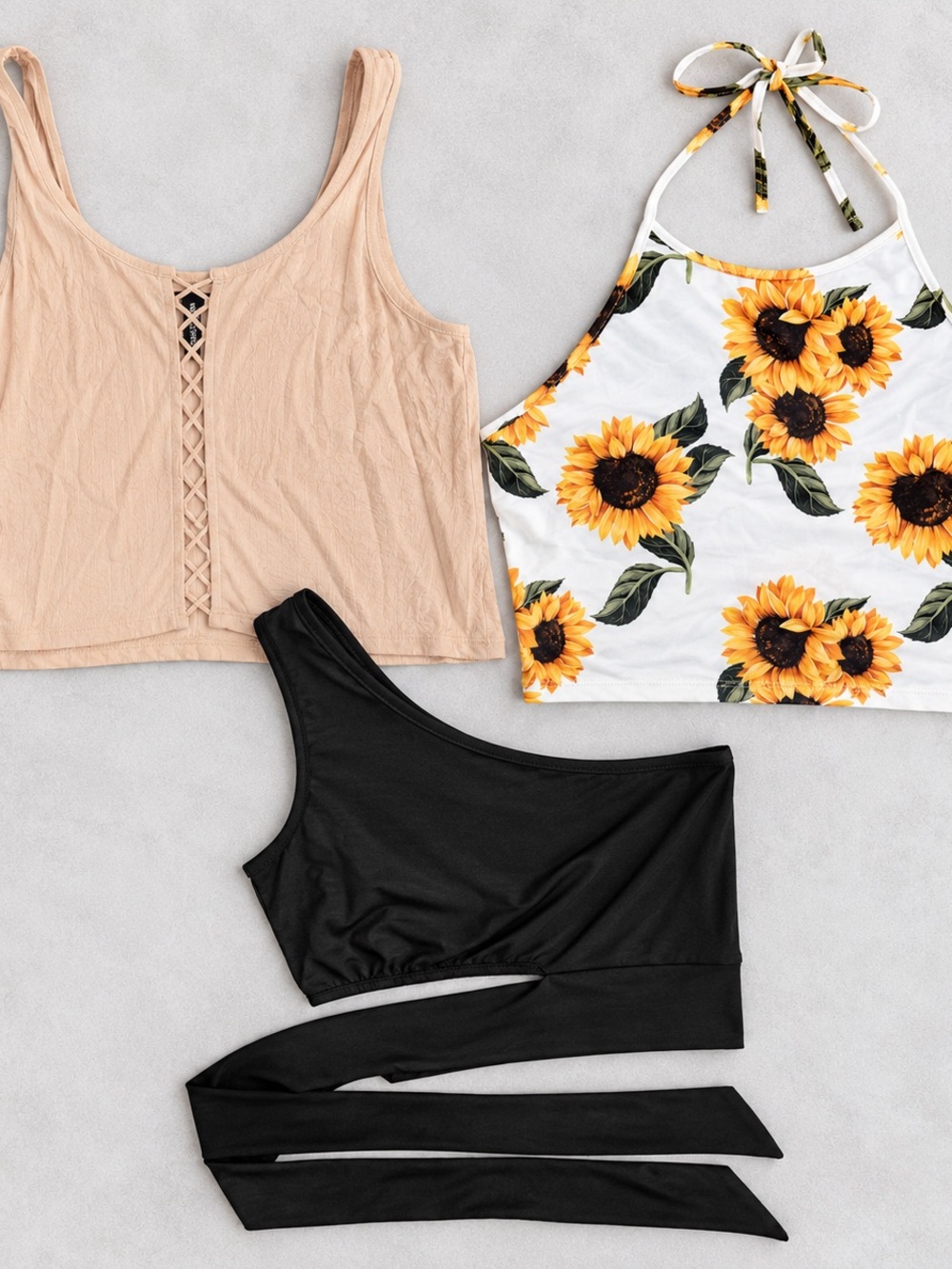 Women’s Crop Top Bundle L/XL – 3 Tops Halter One Shoulder Lace Up Floral